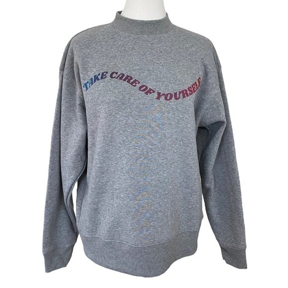 BP. Nordstrom Gray Heather TAKE CARE OF YOURSELF Mock Neck Sweatshirt Medium - Picture 1 of 9